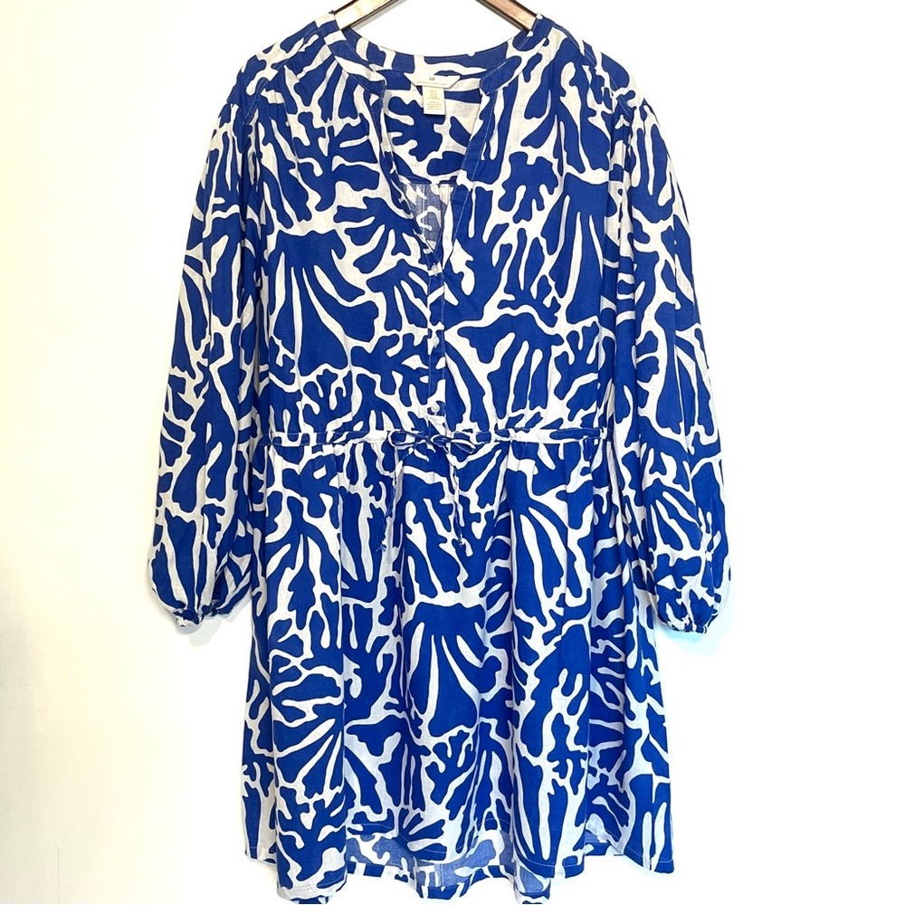 Linen blend coastal drawstring waist mini dress exaggerated sleeve blue white XL - Picture 2 of 7